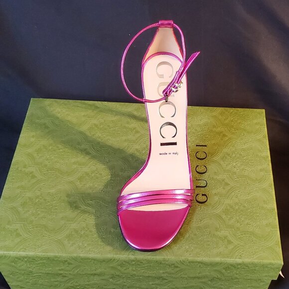 NIB Gucci metallic fuchsia leather stiletto heel GG logo sandals IT 38 US 8 - Picture 4 of 8